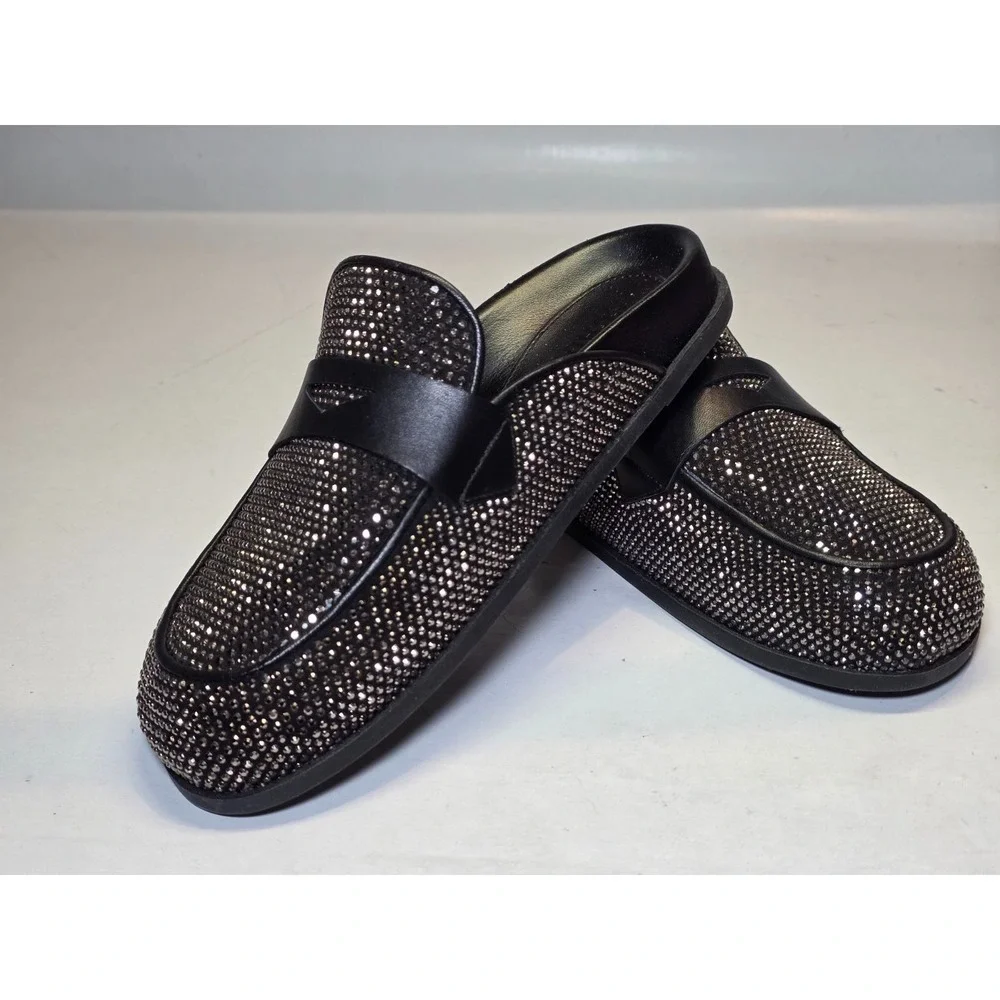 Schutz Ava Women's Shoes Size 7 B Black Leather Mule Metallic Slip‎ On Slides